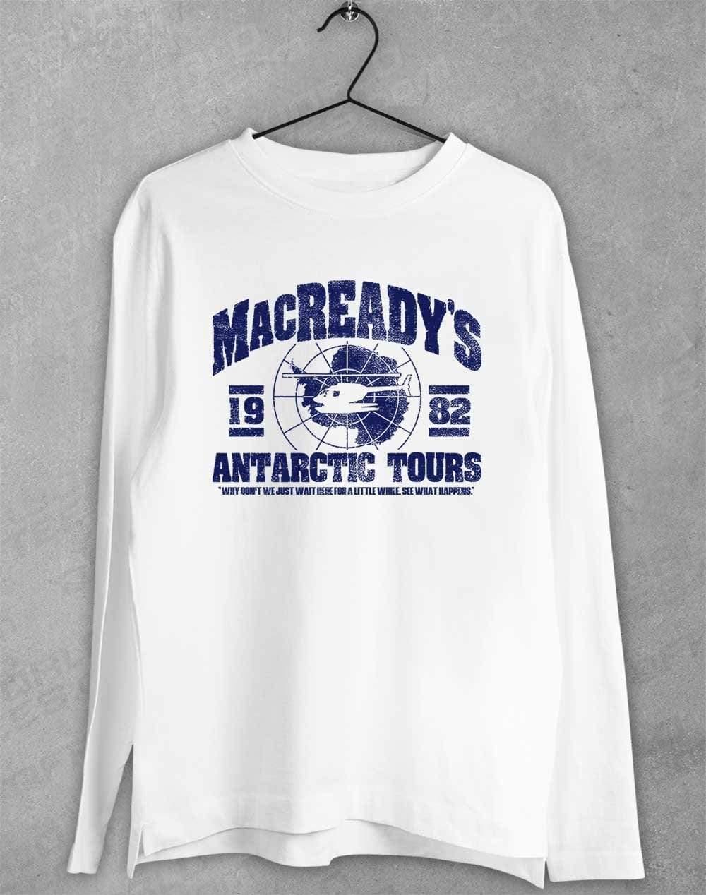 MacReady's Antarctic Tours 1982 Long Sleeve T-Shirt S / White  - Off World Tees