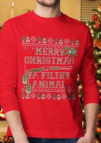 Merry Christmas Ya Filthy Animal Festive Knitted-Look Long Sleeve T-Shirt  - Off World Tees