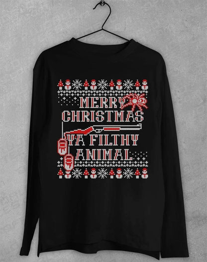 Merry Christmas Ya Filthy Animal Festive Knitted-Look Long Sleeve T-Shirt S / Black  - Off World Tees