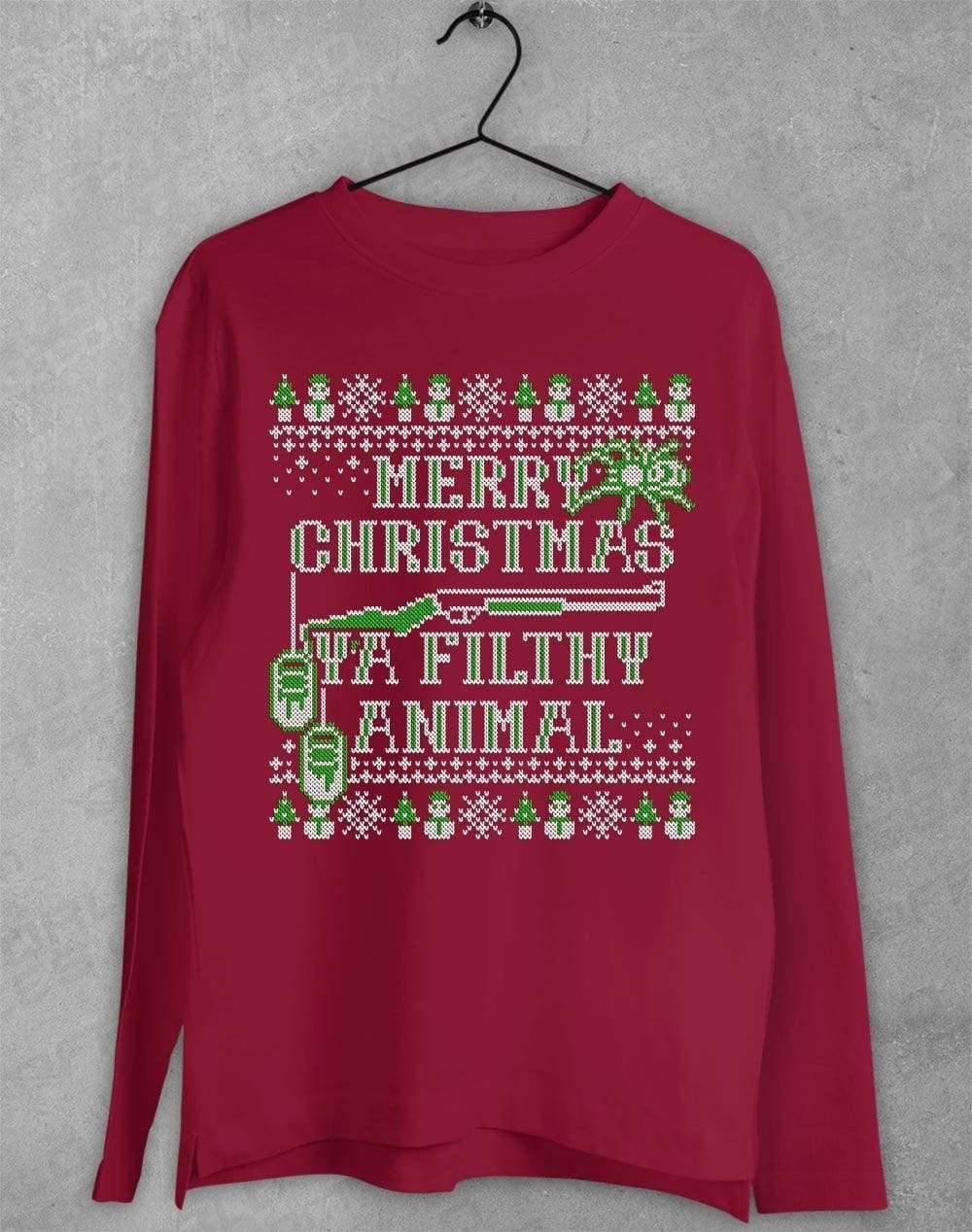 Merry Christmas Ya Filthy Animal Festive Knitted-Look Long Sleeve T-Shirt S / Cardinal Red  - Off World Tees