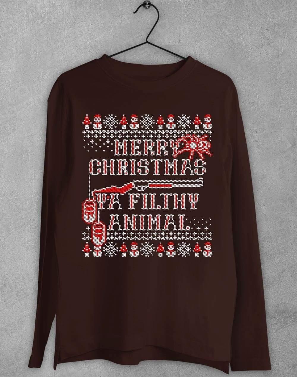 Merry Christmas Ya Filthy Animal Festive Knitted-Look Long Sleeve T-Shirt S / Dark Chocolate  - Off World Tees