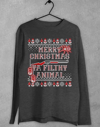 Merry Christmas Ya Filthy Animal Festive Knitted-Look Long Sleeve T-Shirt S / Dark Heather  - Off World Tees