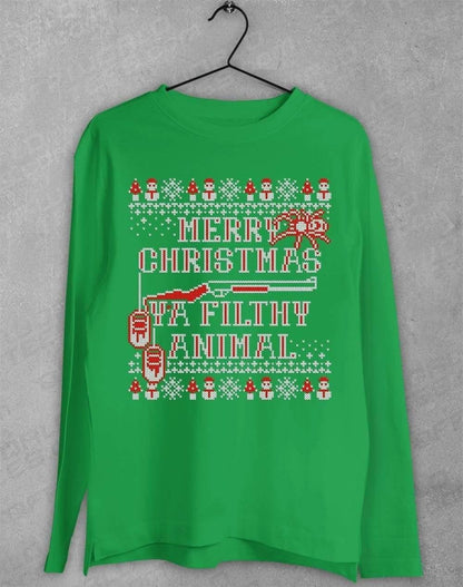 Merry Christmas Ya Filthy Animal Festive Knitted-Look Long Sleeve T-Shirt S / Irish Green  - Off World Tees