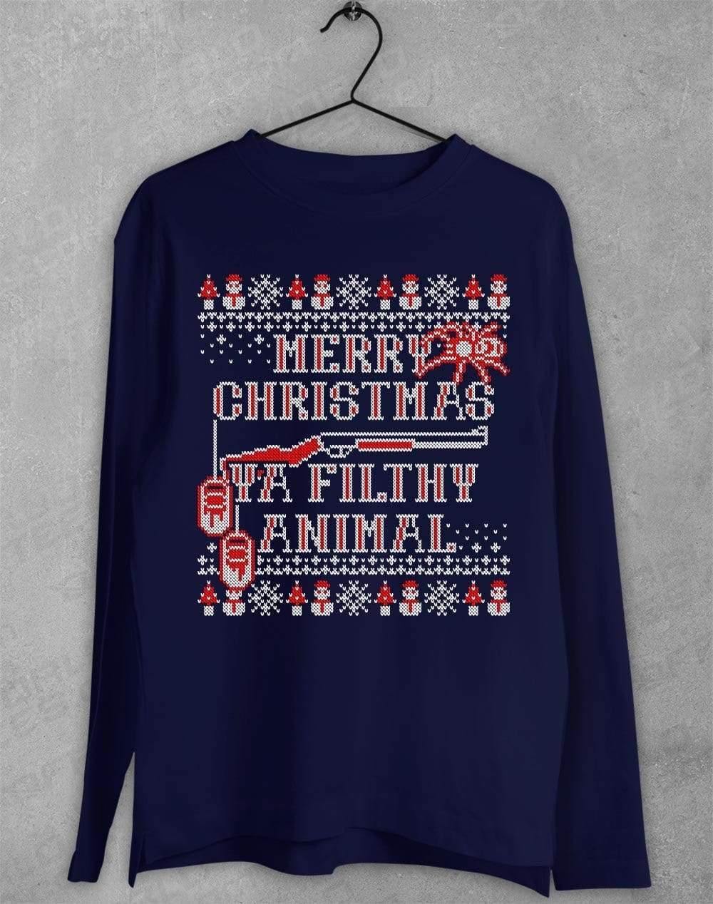 Merry Christmas Ya Filthy Animal Festive Knitted-Look Long Sleeve T-Shirt S / Navy  - Off World Tees
