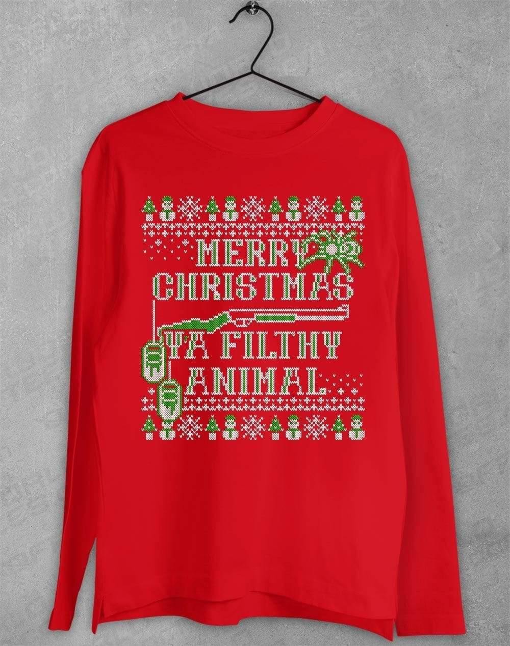 Merry Christmas Ya Filthy Animal Festive Knitted-Look Long Sleeve T-Shirt S / Red  - Off World Tees