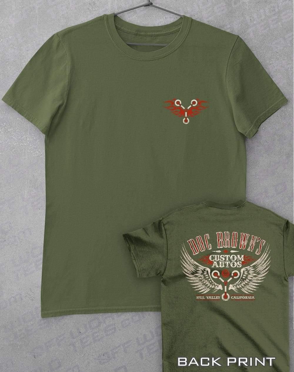 Doc Brown's Custom Autos with Back Print T-Shirt S / Military Green  - Off World Tees