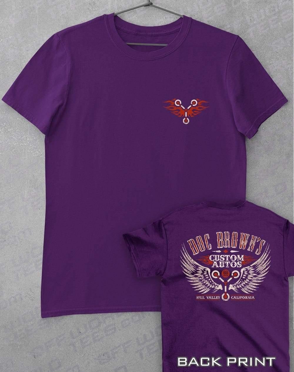 Doc Brown's Custom Autos with Back Print T-Shirt S / Purple  - Off World Tees