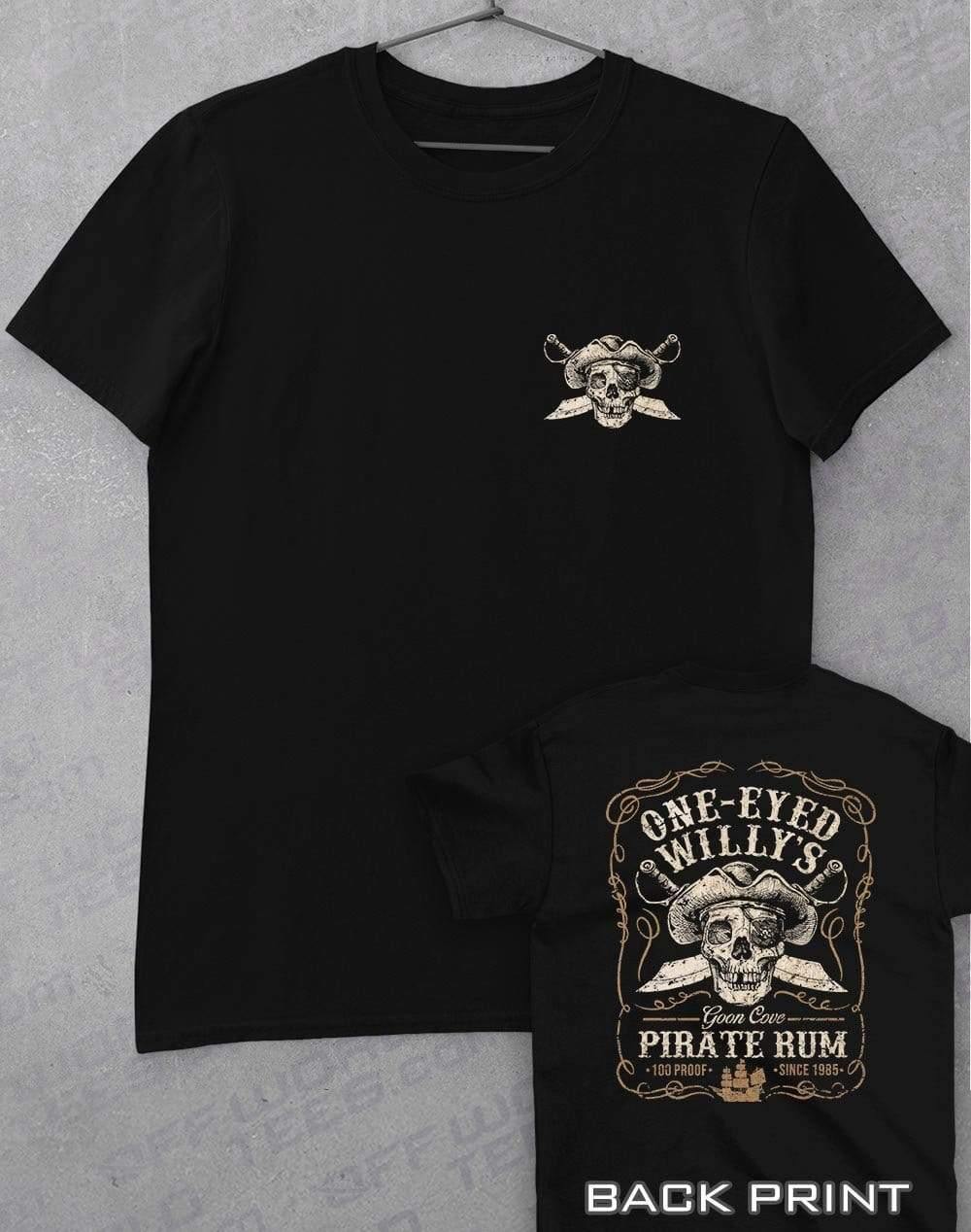 One-Eyed Willy's Pirate Rum with Back Print T-Shirt S / Black  - Off World Tees