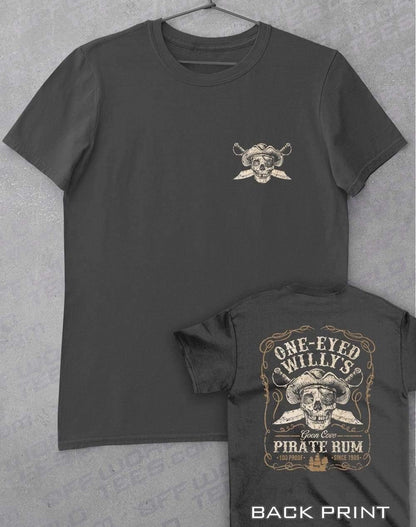One-Eyed Willy's Pirate Rum with Back Print T-Shirt S / Charcoal  - Off World Tees