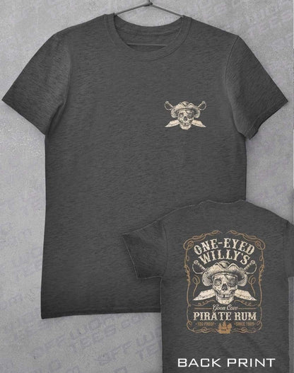 One-Eyed Willy's Pirate Rum with Back Print T-Shirt S / Dark Heather  - Off World Tees