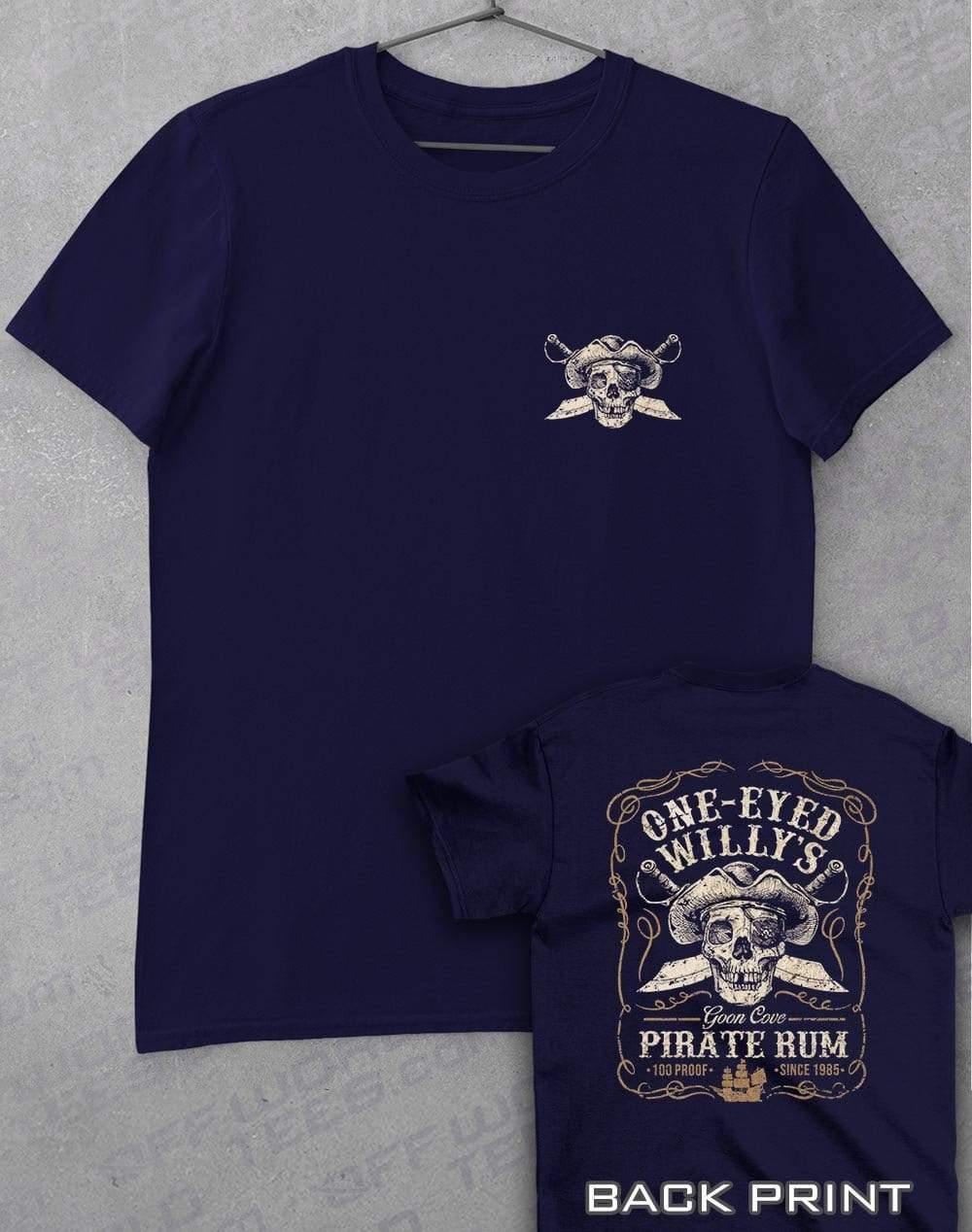 One-Eyed Willy's Pirate Rum with Back Print T-Shirt S / Navy  - Off World Tees
