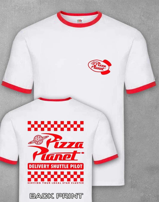 Pizza Planet Pilot with Back Print Ringer T-Shirt S / White  - Off World Tees
