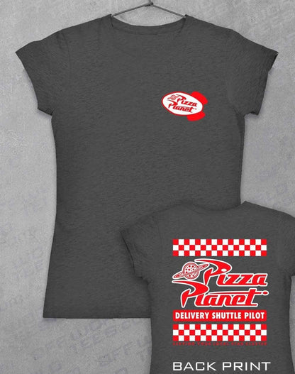 Pizza Planet Shuttle Pilot with Back Print Womens T-Shirt 8-10 / Dark Heather  - Off World Tees