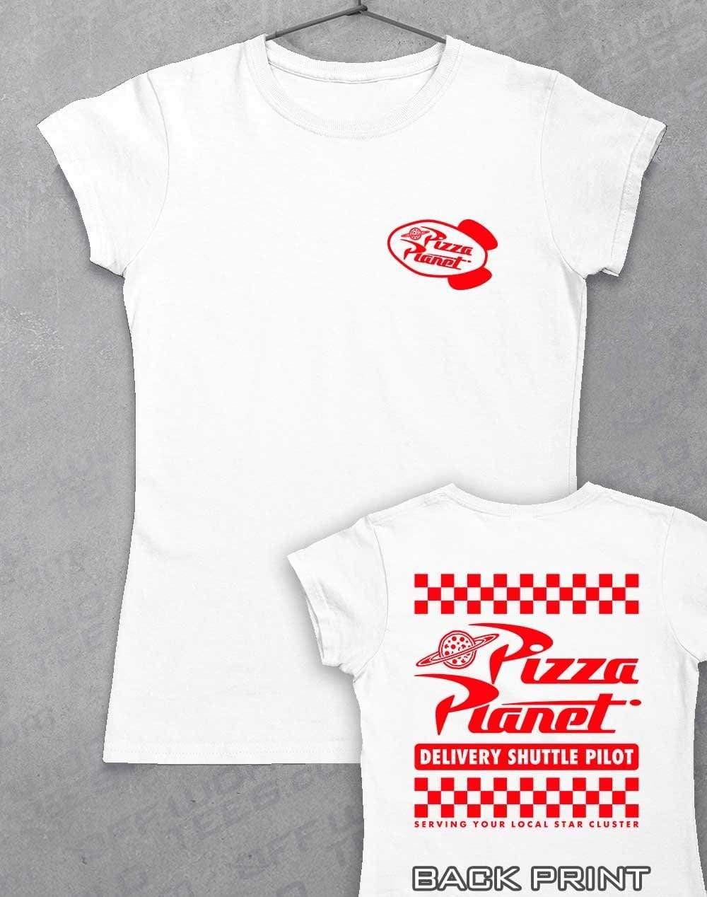 Pizza Planet Shuttle Pilot with Back Print Womens T-Shirt 8-10 / White  - Off World Tees