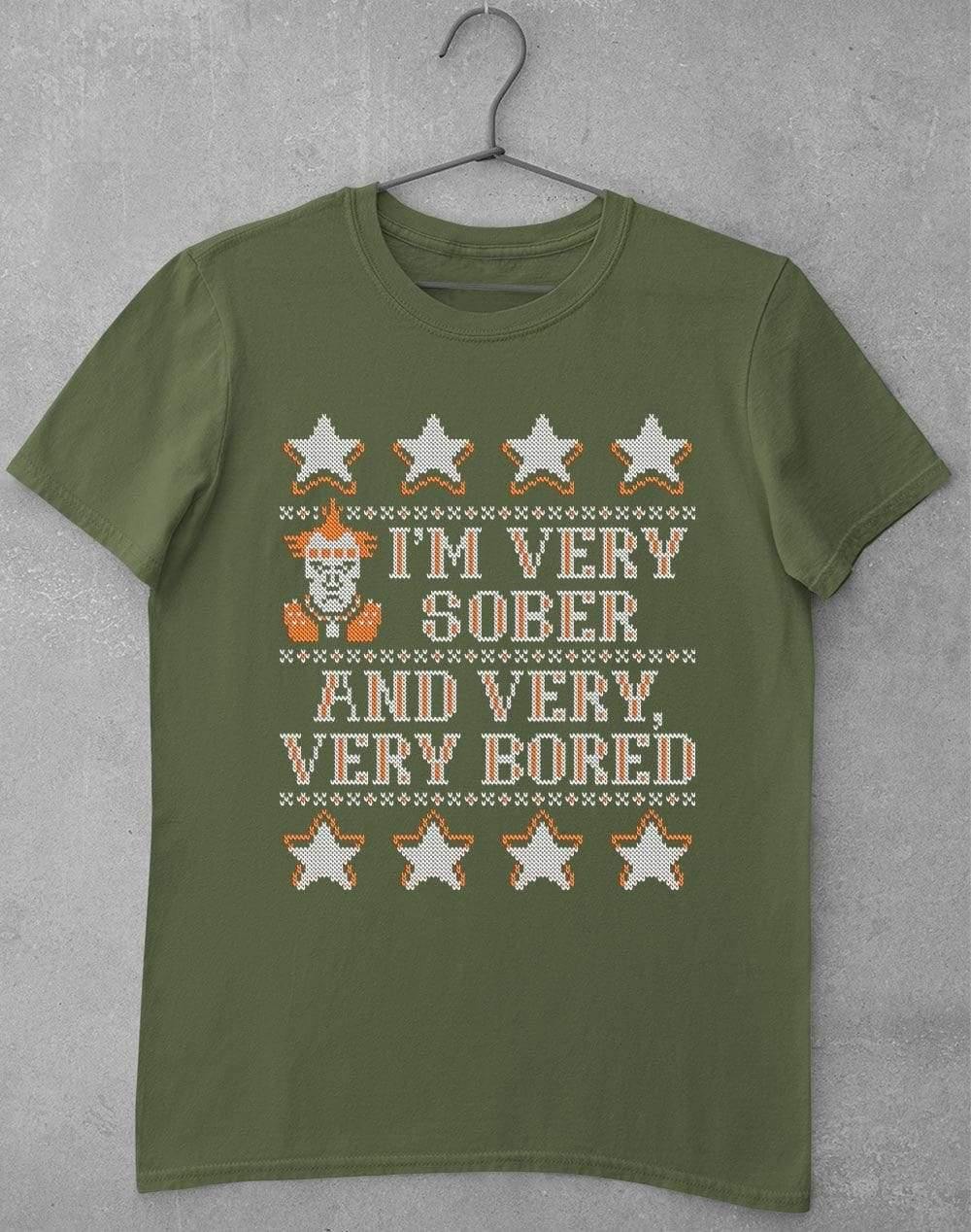 I'm Very Sober and Very Very Bored Festive Knitted-Look T-Shirt S / Military Green  - Off World Tees