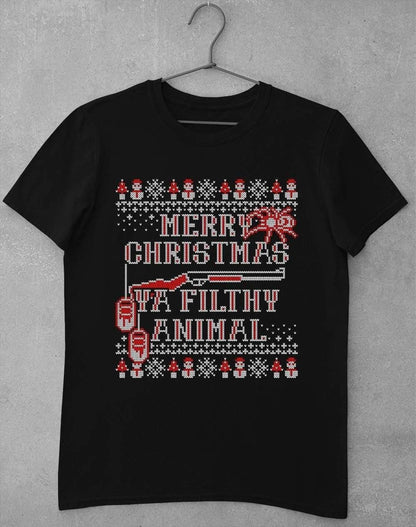 Merry Christmas Ya Filthy Animal Festive Knitted-Look T-Shirt S / Black  - Off World Tees