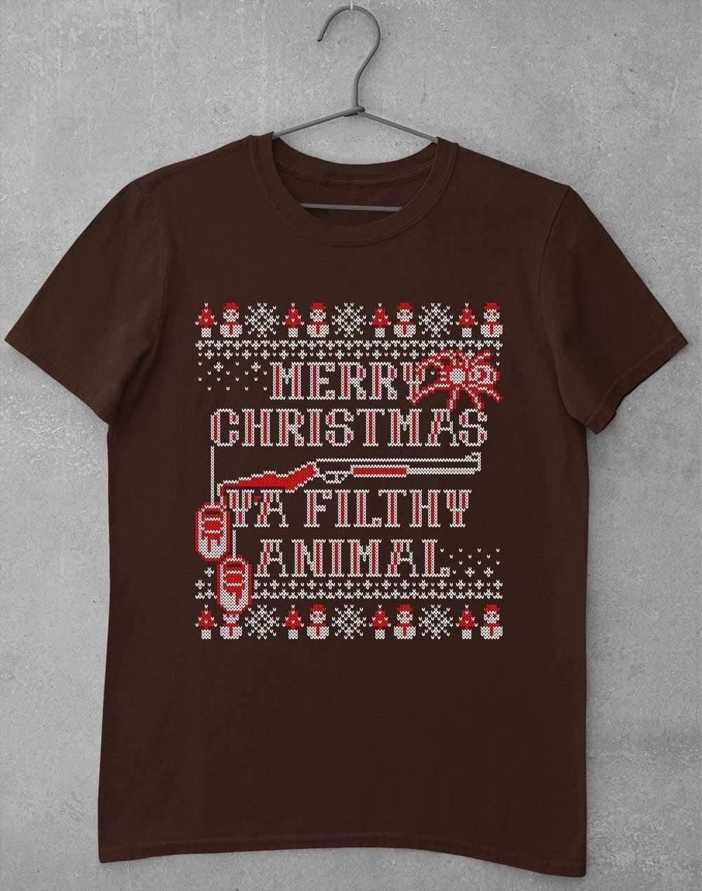 Merry Christmas Ya Filthy Animal Festive Knitted-Look T-Shirt S / Dark Chocolate  - Off World Tees