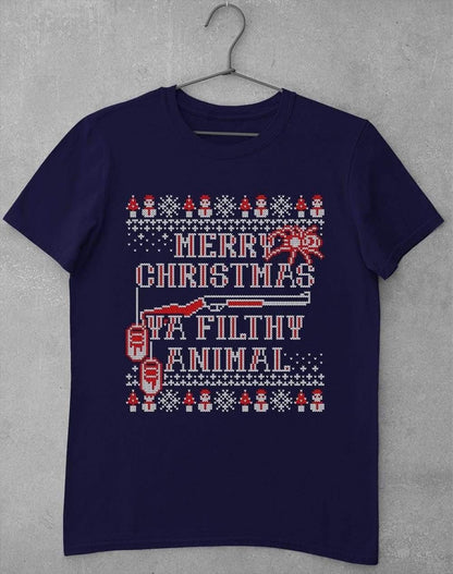 Merry Christmas Ya Filthy Animal Festive Knitted-Look T-Shirt S / Navy  - Off World Tees