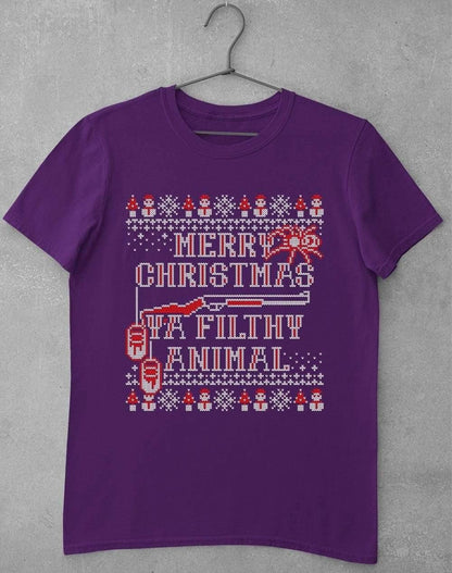 Merry Christmas Ya Filthy Animal Festive Knitted-Look T-Shirt S / Purple  - Off World Tees