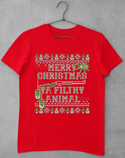 Merry Christmas Ya Filthy Animal Festive Knitted-Look T-Shirt S / Red  - Off World Tees