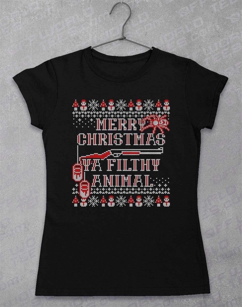 Merry Christmas Ya Filthy Animal Festive Knitted-Look Womens T-Shirt 8-10 / Black  - Off World Tees