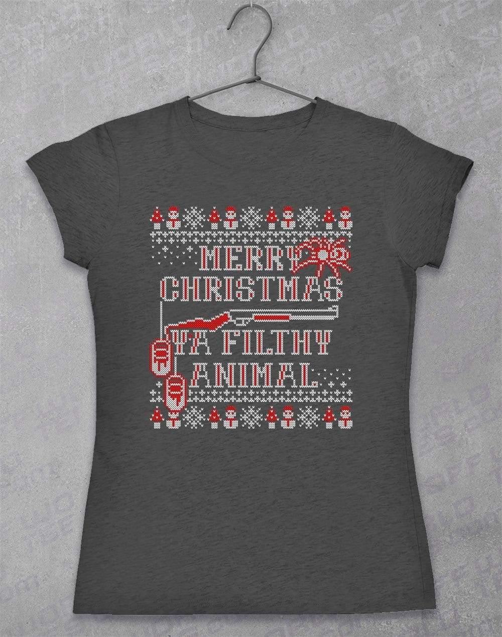 Merry Christmas Ya Filthy Animal Festive Knitted-Look Womens T-Shirt 8-10 / Dark Heather  - Off World Tees