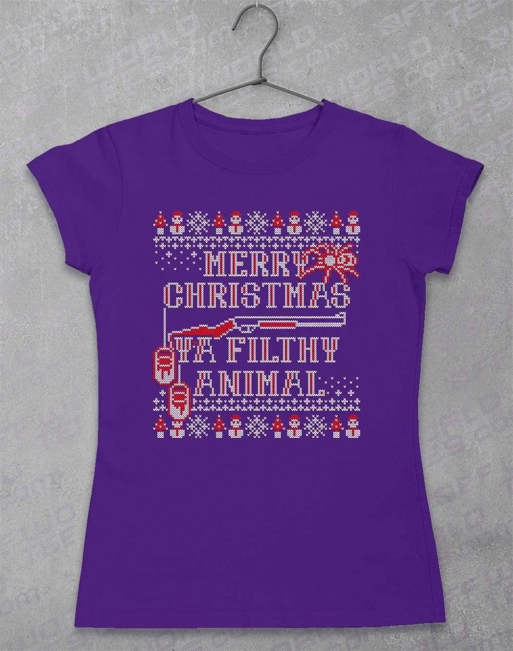 Merry Christmas Ya Filthy Animal Festive Knitted-Look Womens T-Shirt 8-10 / Lilac  - Off World Tees