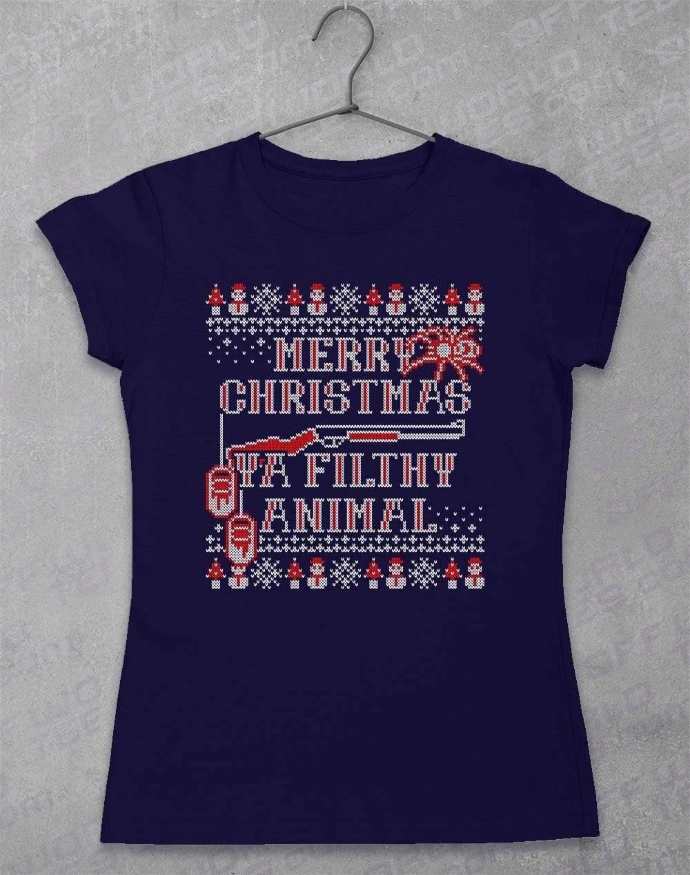 Merry Christmas Ya Filthy Animal Festive Knitted-Look Womens T-Shirt 8-10 / Navy  - Off World Tees