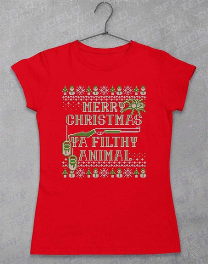 Merry Christmas Ya Filthy Animal Festive Knitted-Look Womens T-Shirt 8-10 / Red  - Off World Tees