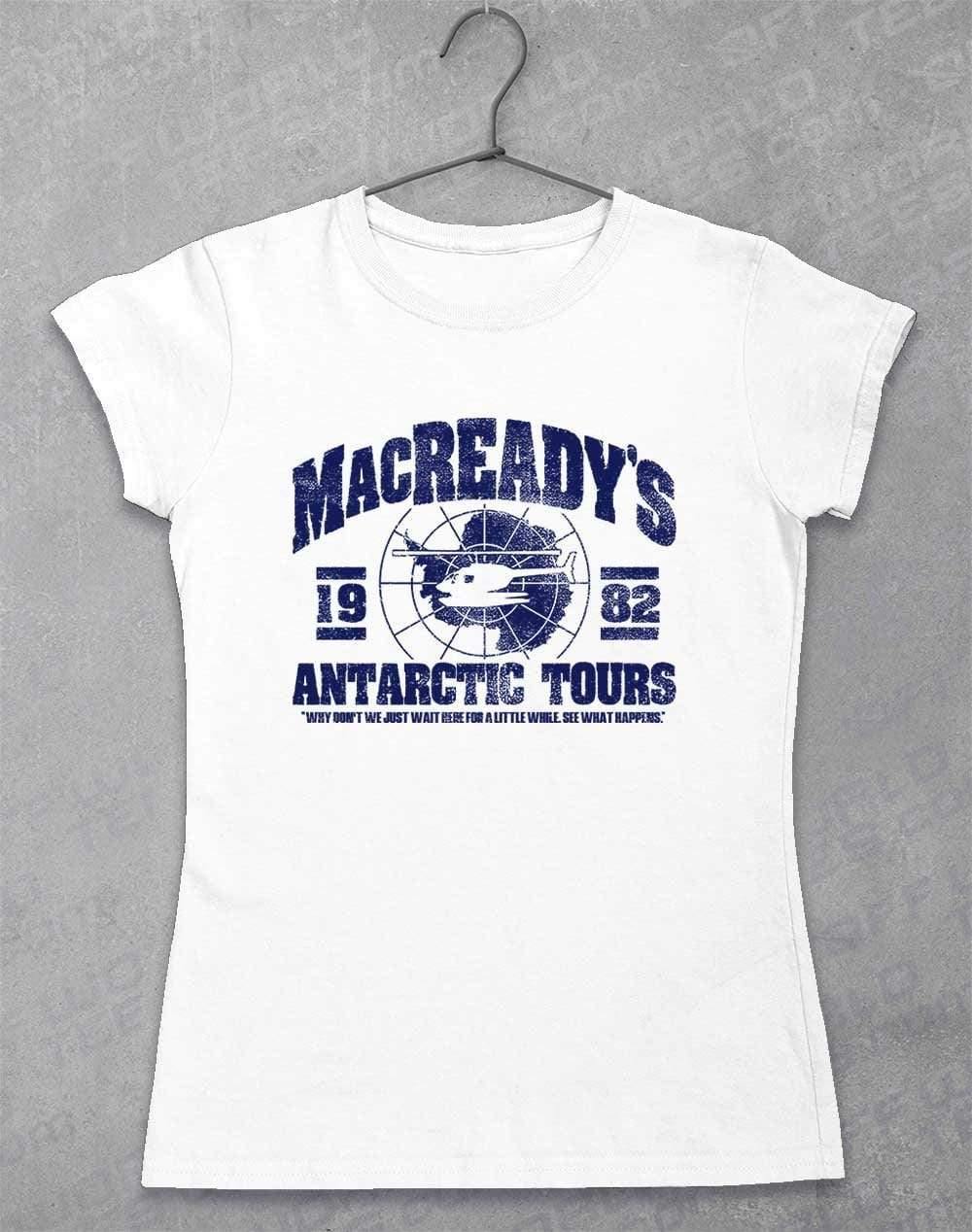 MacReady's Antarctic Tours 1982 Womens T-Shirt 8-10 / White  - Off World Tees